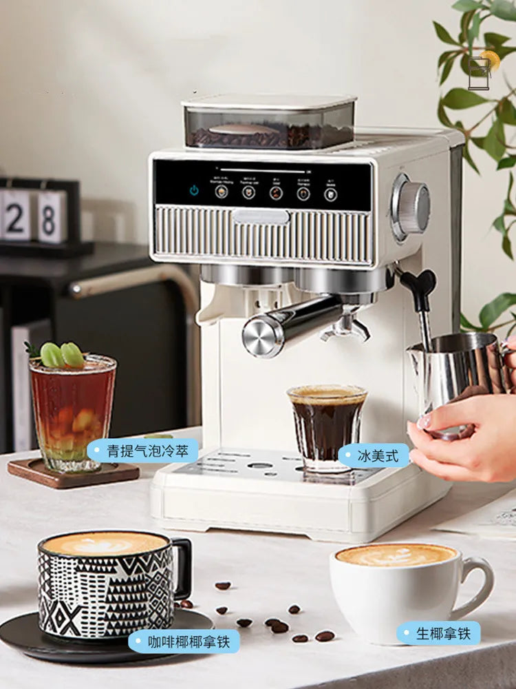 3-in-1 coffee machine grinds coffee beans+steam milk foam +15Bar espresso automatic cleaning, 20-gear grinding, LCD touch screen