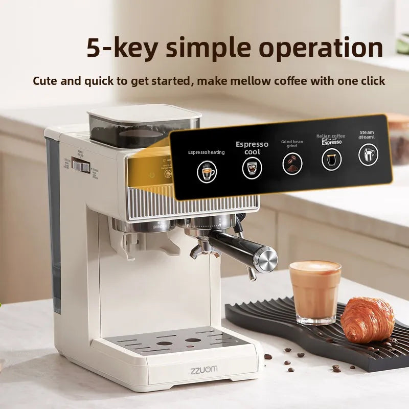3-in-1 coffee machine grinds coffee beans+steam milk foam +15Bar espresso automatic cleaning, 20-gear grinding, LCD touch screen