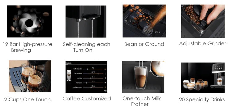 One Touch Bean To Cup 7 Inch 9 Language Automatic Espresso Coffee Maker Cappuccino Latte Hot Water Milk Coffee Built in Grinder