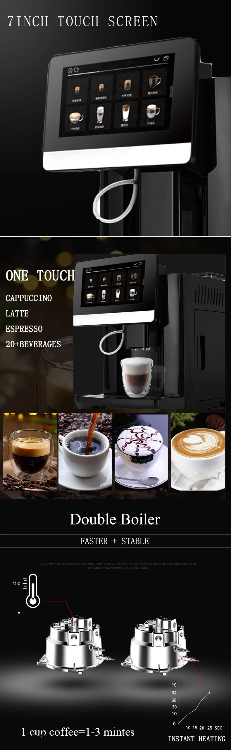 One Touch Bean To Cup 7 Inch 9 Language Automatic Espresso Coffee Maker Cappuccino Latte Hot Water Milk Coffee Built in Grinder